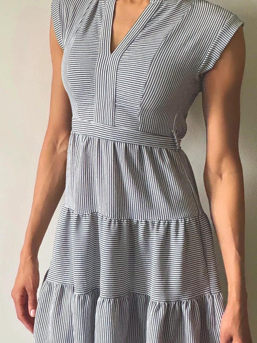 Monteau Striped V-Neck Tiered Midi Dress in Blue & White